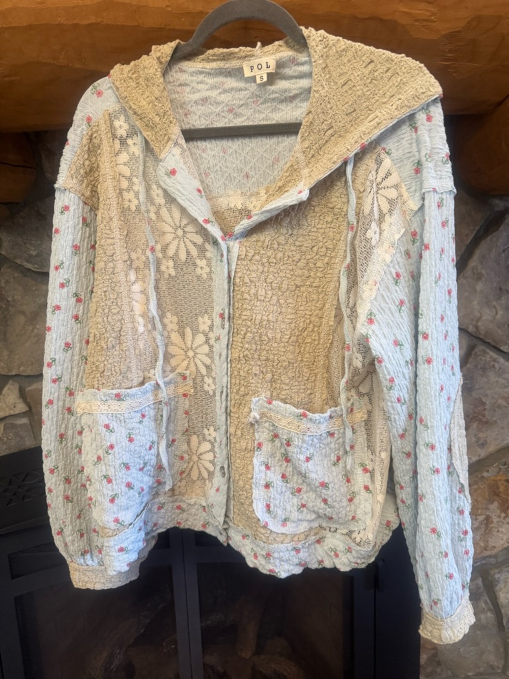 POL Patchwork Wide-Leg Cargo Pants and Matching Hoodie in Light Blue & Tan NWOT